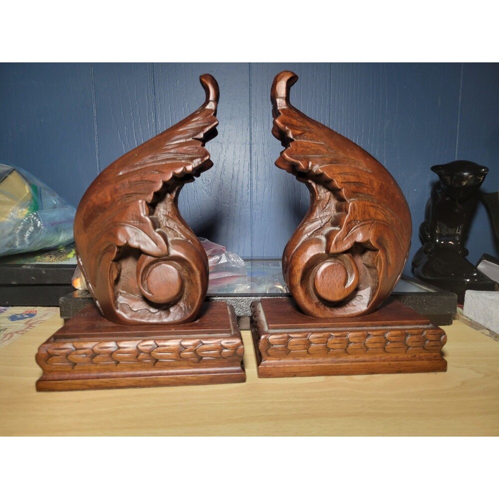 Vintage Bombay Company Carved Wood Bookends